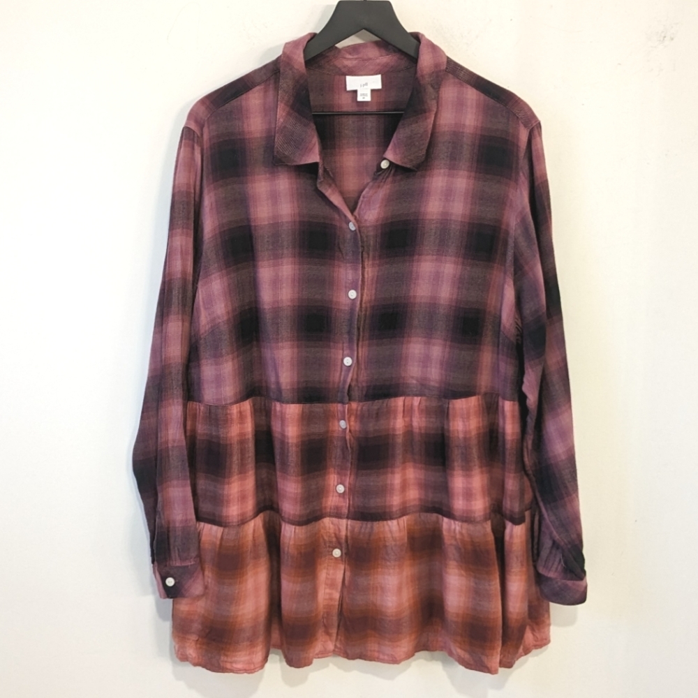 J. Jill Ombre Plaid Tiered Flannel Long Sleeve Button Up Shirt